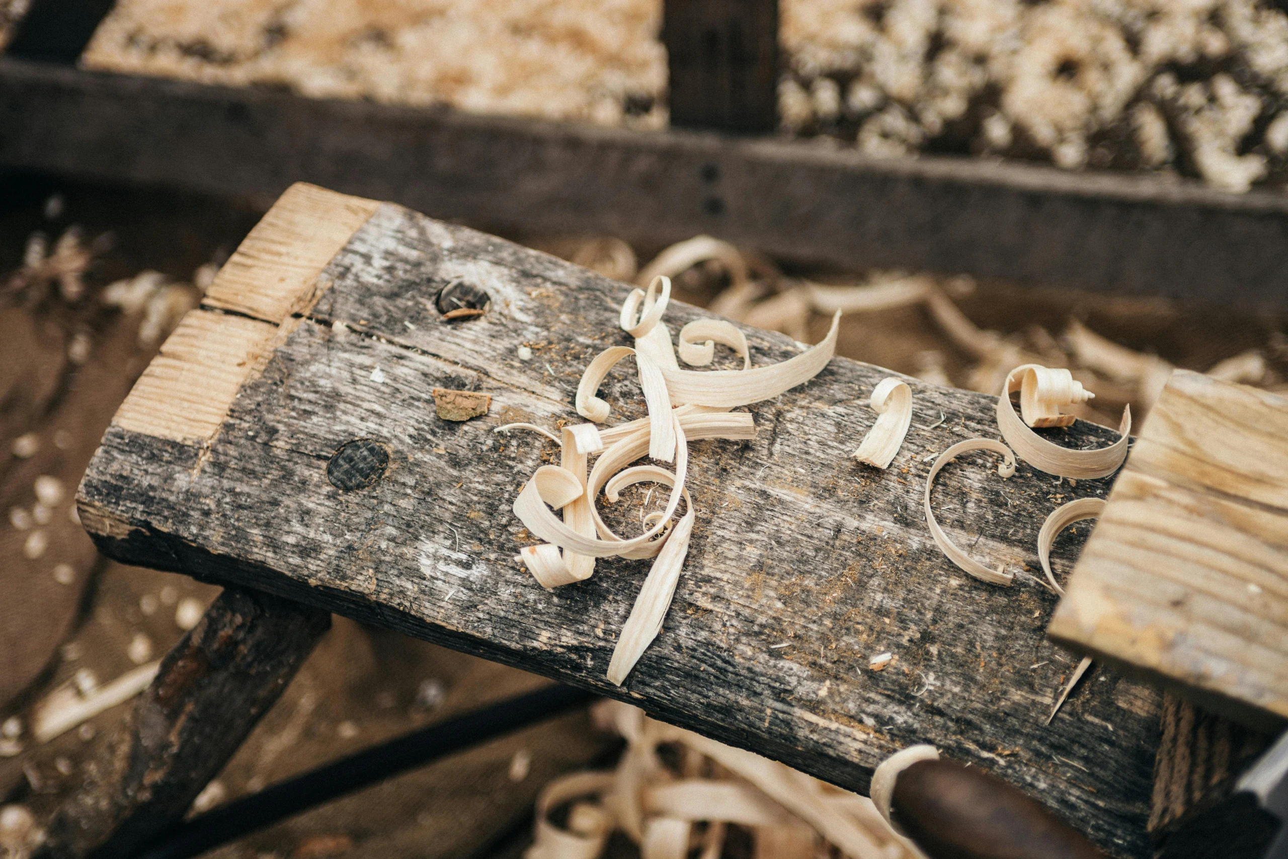 Wood shavings on a carpenter's workbench