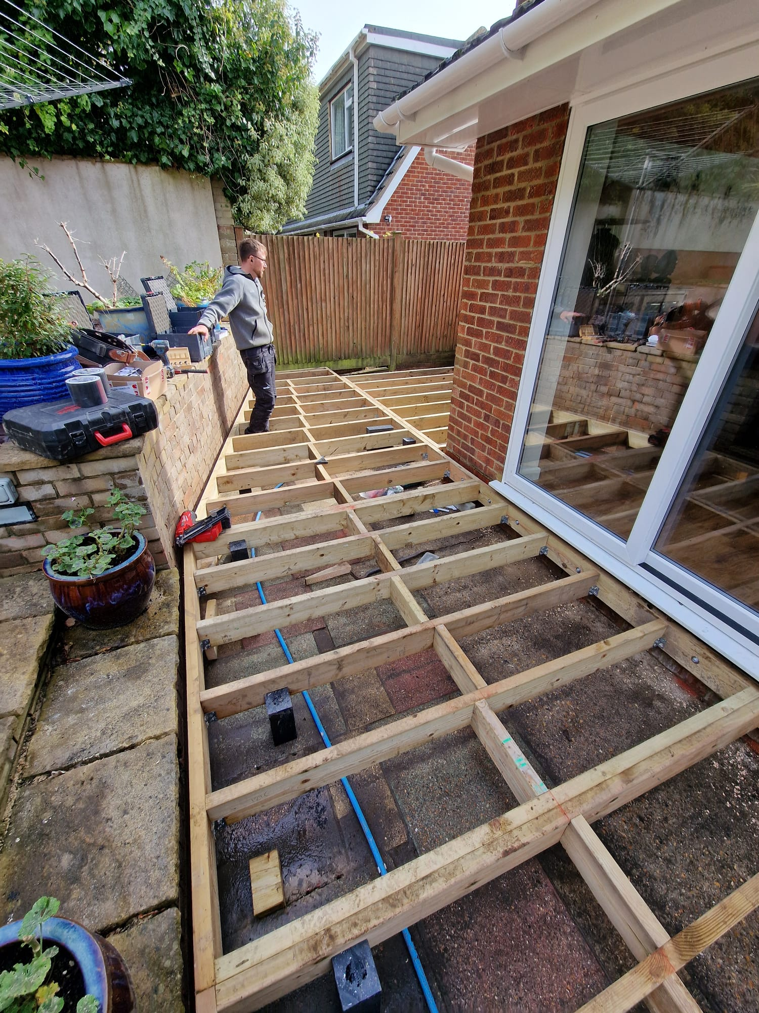 Timber decking frame under construction